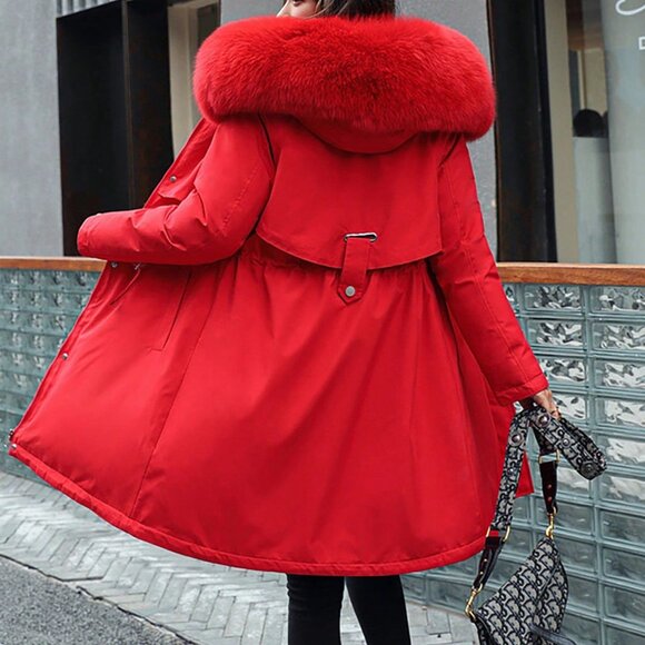 Red Casual Women's Mid-Length Slim Fit Down Jacket with Elastic Waist - Picture 2 of 4